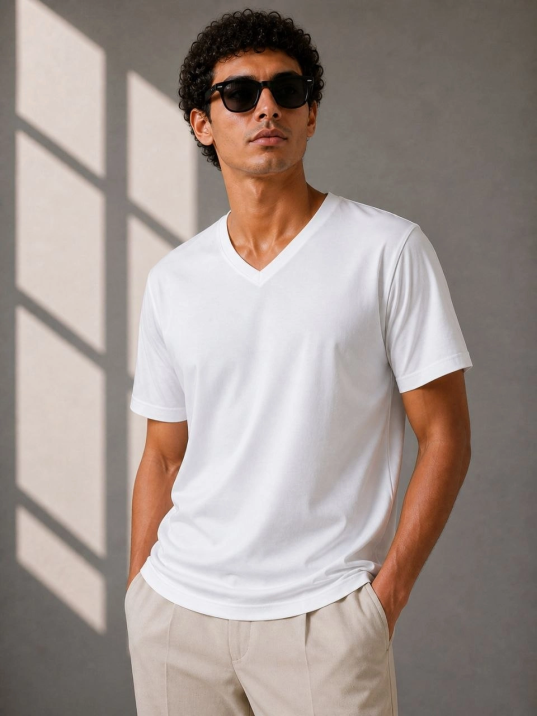 Erkek V Yaka Basic Tişört Kısa Kol Yazlık Regular Fit T-shirt - Beyaz