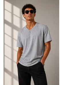 Erkek V Yaka Basic Tişört Kısa Kol Yazlık Regular Fit T-shirt - Gri