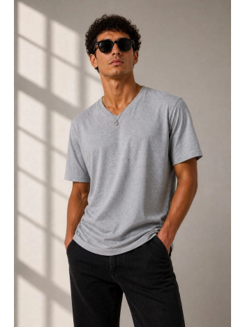 Erkek V Yaka Basic Tişört Kısa Kol Yazlık Regular Fit T-shirt - Gri