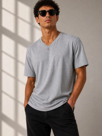 Erkek V Yaka Basic Tişört Kısa Kol Yazlık Regular Fit T-shirt - Gri
