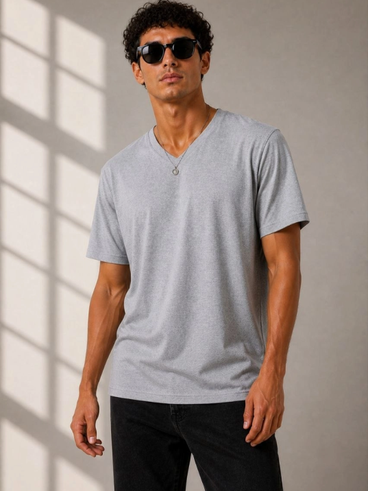 Erkek V Yaka Basic Tişört Kısa Kol Yazlık Regular Fit T-shirt - Gri