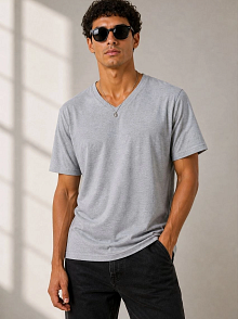 Erkek V Yaka Basic Tişört Kısa Kol Yazlık Regular Fit T-shirt - Gri