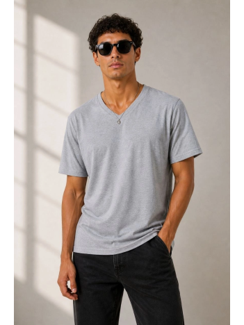 Erkek V Yaka Basic Tişört Kısa Kol Yazlık Regular Fit T-shirt - Gri