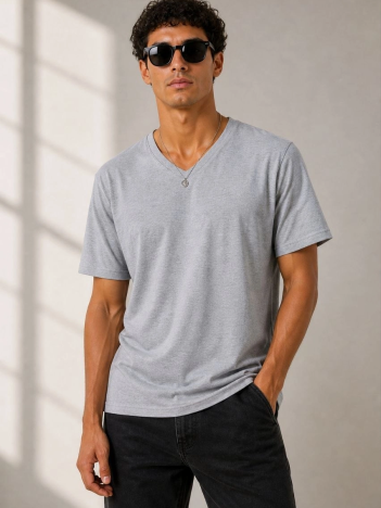 Erkek V Yaka Basic Tişört Kısa Kol Yazlık Regular Fit T-shirt - Gri