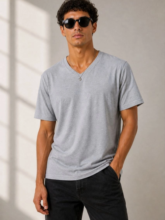 Erkek V Yaka Basic Tişört Kısa Kol Yazlık Regular Fit T-shirt - Gri