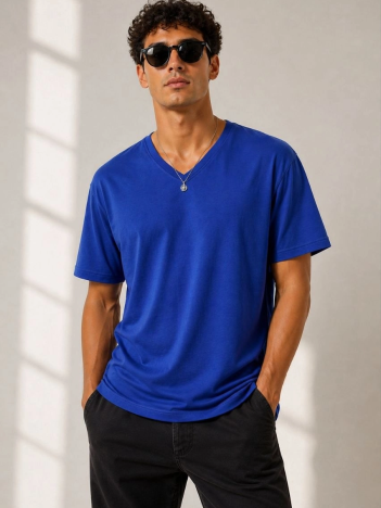 Erkek V Yaka Basic Tişört Kısa Kol Yazlık Regular Fit T-shirt - Saks Mavisi