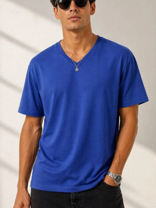 Erkek V Yaka Basic Tişört Kısa Kol Yazlık Regular Fit T-shirt - Saks Mavisi