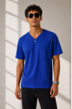 Erkek V Yaka Basic Tişört Kısa Kol Yazlık Regular Fit T-shirt - Saks Mavisi