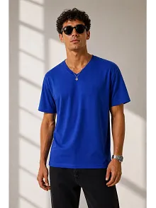 Erkek V Yaka Basic Tişört Kısa Kol Yazlık Regular Fit T-shirt - Saks Mavisi