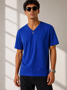 Erkek V Yaka Basic Tişört Kısa Kol Yazlık Regular Fit T-shirt - Saks Mavisi