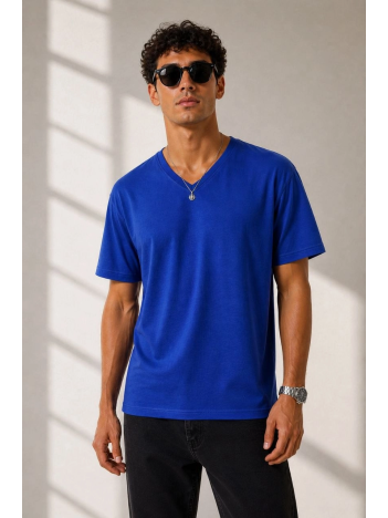 Erkek V Yaka Basic Tişört Kısa Kol Yazlık Regular Fit T-shirt - Saks Mavisi