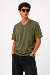 Erkek V Yaka Basic Tişört Kısa Kol Yazlık Regular Fit T-shirt - Haki