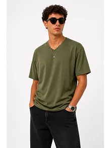 Erkek V Yaka Basic Tişört Kısa Kol Yazlık Regular Fit T-shirt - Haki