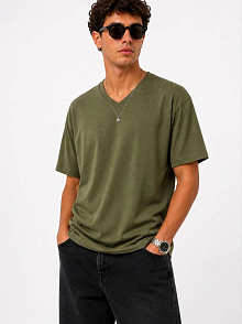 Erkek V Yaka Basic Tişört Kısa Kol Yazlık Regular Fit T-shirt - Haki