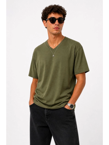 Erkek V Yaka Basic Tişört Kısa Kol Yazlık Regular Fit T-shirt - Haki
