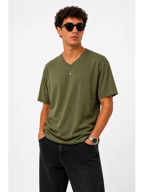 Erkek V Yaka Basic Tişört Kısa Kol Yazlık Regular Fit T-shirt - Haki