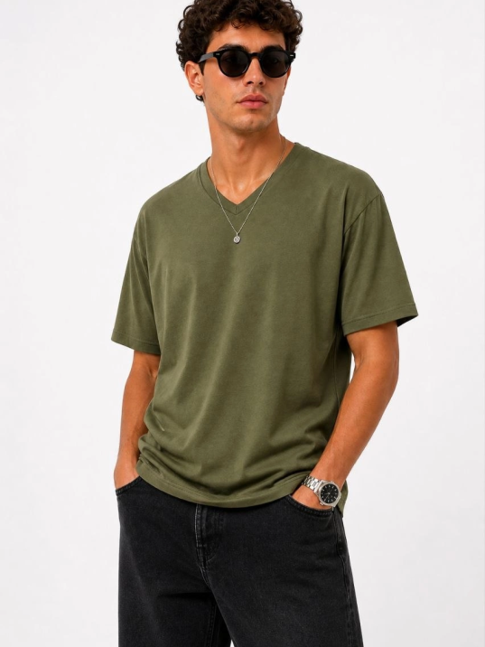 Erkek V Yaka Basic Tişört Kısa Kol Yazlık Regular Fit T-shirt - Haki