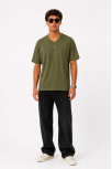 Erkek V Yaka Basic Tişört Kısa Kol Yazlık Regular Fit T-shirt - Haki