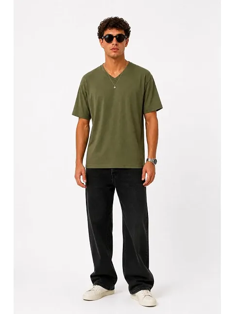 Erkek V Yaka Basic Tişört Kısa Kol Yazlık Regular Fit T-shirt - Haki