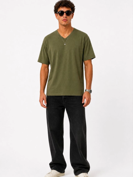 Erkek V Yaka Basic Tişört Kısa Kol Yazlık Regular Fit T-shirt - Haki