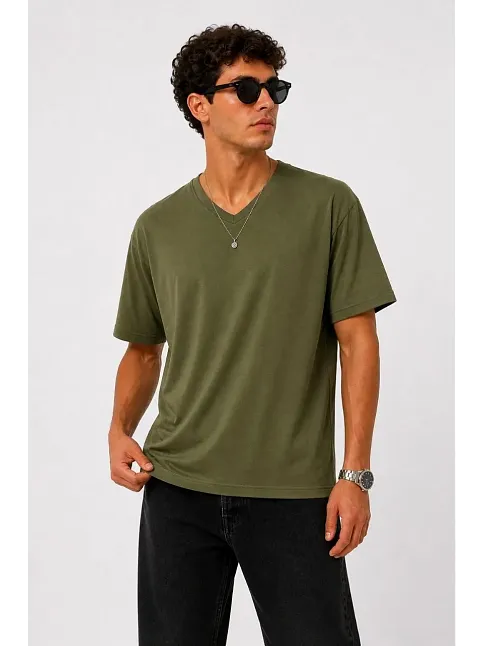 Erkek V Yaka Basic Tişört Kısa Kol Yazlık Regular Fit T-shirt - Haki