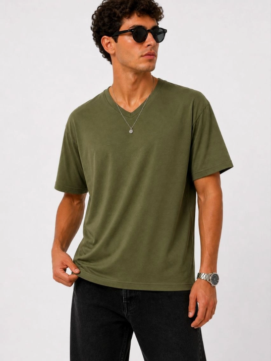 Erkek V Yaka Basic Tişört Kısa Kol Yazlık Regular Fit T-shirt - Haki