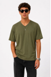 Erkek V Yaka Basic Tişört Kısa Kol Yazlık Regular Fit T-shirt - Haki