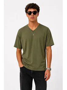 Erkek V Yaka Basic Tişört Kısa Kol Yazlık Regular Fit T-shirt - Haki