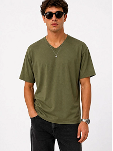 Erkek V Yaka Basic Tişört Kısa Kol Yazlık Regular Fit T-shirt - Haki