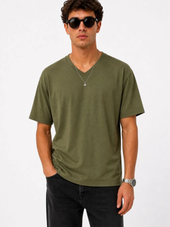 Erkek V Yaka Basic Tişört Kısa Kol Yazlık Regular Fit T-shirt - Haki