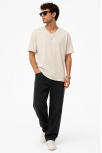 Erkek V Yaka Basic Tişört Kısa Kol Yazlık Regular Fit T-shirt - Bej