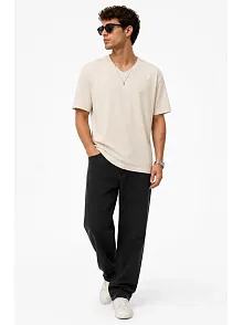 Erkek V Yaka Basic Tişört Kısa Kol Yazlık Regular Fit T-shirt - Bej