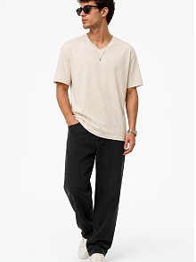 Erkek V Yaka Basic Tişört Kısa Kol Yazlık Regular Fit T-shirt - Bej