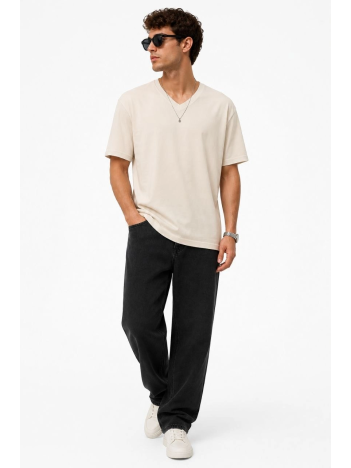 Erkek V Yaka Basic Tişört Kısa Kol Yazlık Regular Fit T-shirt - Bej