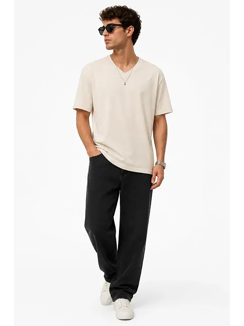 Erkek V Yaka Basic Tişört Kısa Kol Yazlık Regular Fit T-shirt - Bej