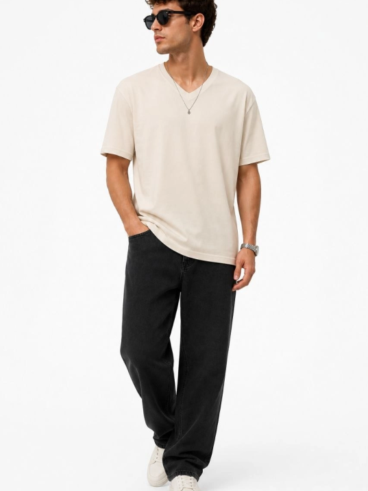Erkek V Yaka Basic Tişört Kısa Kol Yazlık Regular Fit T-shirt - Bej