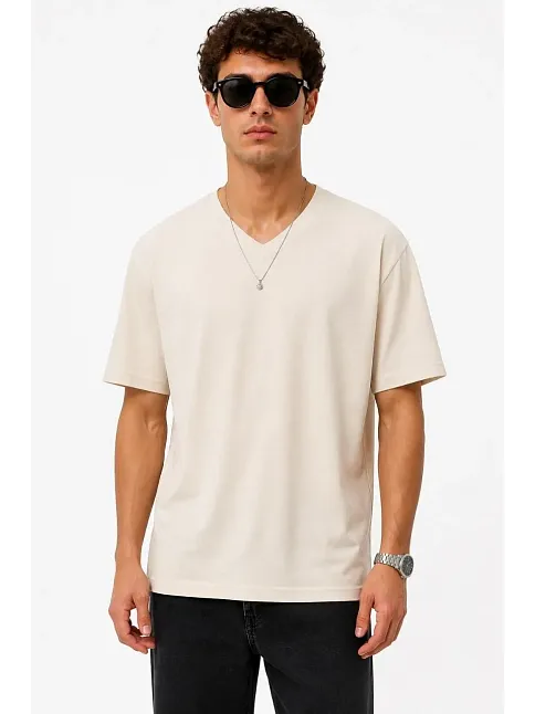 Erkek V Yaka Basic Tişört Kısa Kol Yazlık Regular Fit T-shirt - Bej