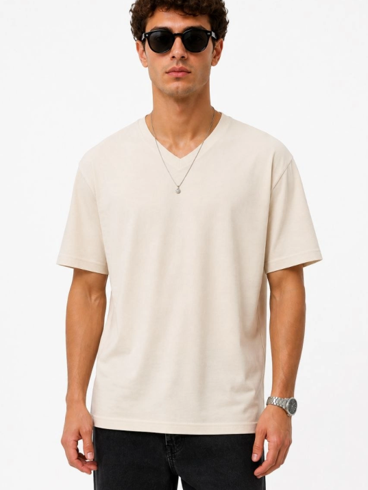 Erkek V Yaka Basic Tişört Kısa Kol Yazlık Regular Fit T-shirt - Bej