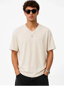 Erkek V Yaka Basic Tişört Kısa Kol Yazlık Regular Fit T-shirt - Bej