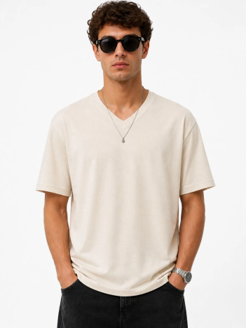 Erkek V Yaka Basic Tişört Kısa Kol Yazlık Regular Fit T-shirt - Bej