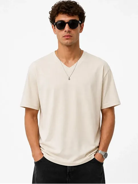 Erkek V Yaka Basic Tişört Kısa Kol Yazlık Regular Fit T-shirt - Bej