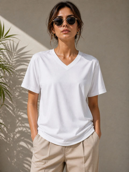 Kadın V Yaka Basic Tişört Kısa Kol Yazlık Regular Fit T-shirt - Beyaz