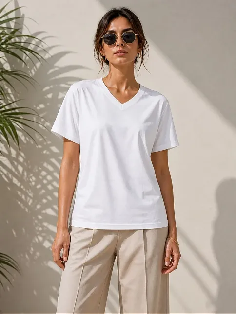 Kadın V Yaka Basic Tişört Kısa Kol Yazlık Regular Fit T-shirt - Beyaz
