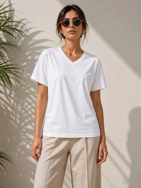 Kadın V Yaka Basic Tişört Kısa Kol Yazlık Regular Fit T-shirt - Beyaz