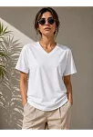 Kadın V Yaka Basic Tişört Kısa Kol Yazlık Regular Fit T-shirt - Beyaz