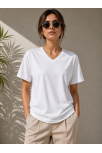 Kadın V Yaka Basic Tişört Kısa Kol Yazlık Regular Fit T-shirt - Beyaz