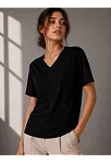 Kadın V Yaka Basic Tişört Kısa Kol Yazlık Regular Fit T-shirt - Siyah