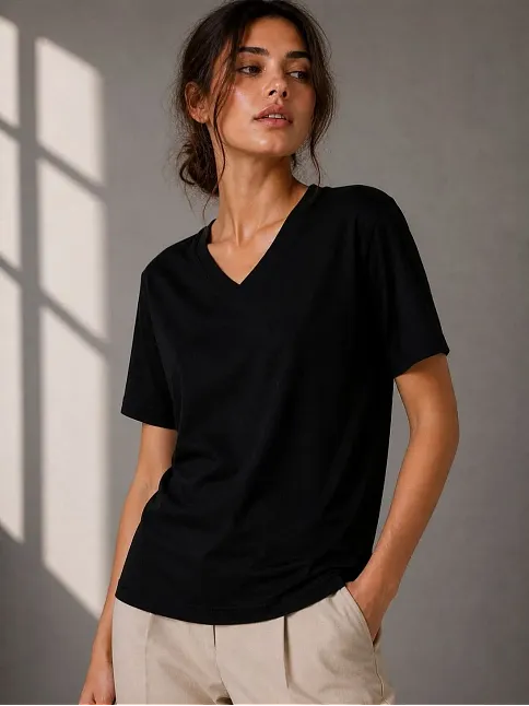 Kadın V Yaka Basic Tişört Kısa Kol Yazlık Regular Fit T-shirt - Siyah