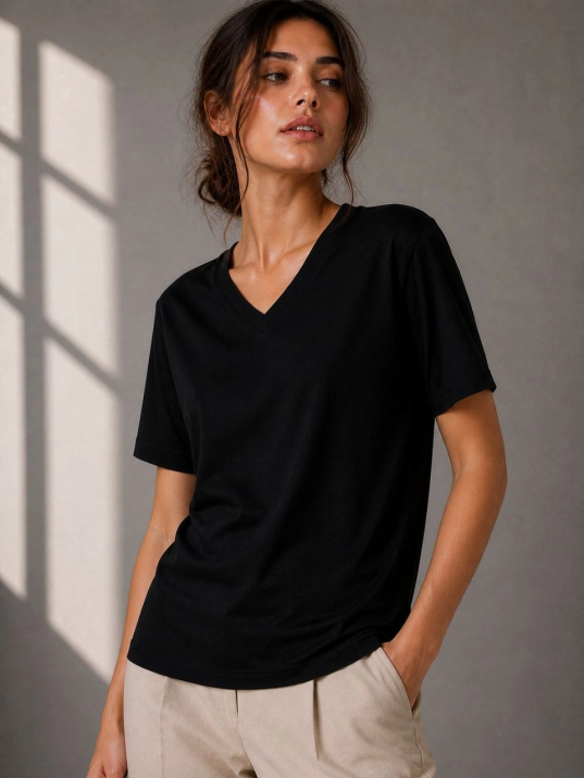 Kadın V Yaka Basic Tişört Kısa Kol Yazlık Regular Fit T-shirt - Siyah