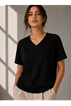 Kadın V Yaka Basic Tişört Kısa Kol Yazlık Regular Fit T-shirt - Siyah